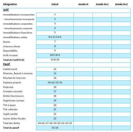exemple de bilan a mettre dans un business plan